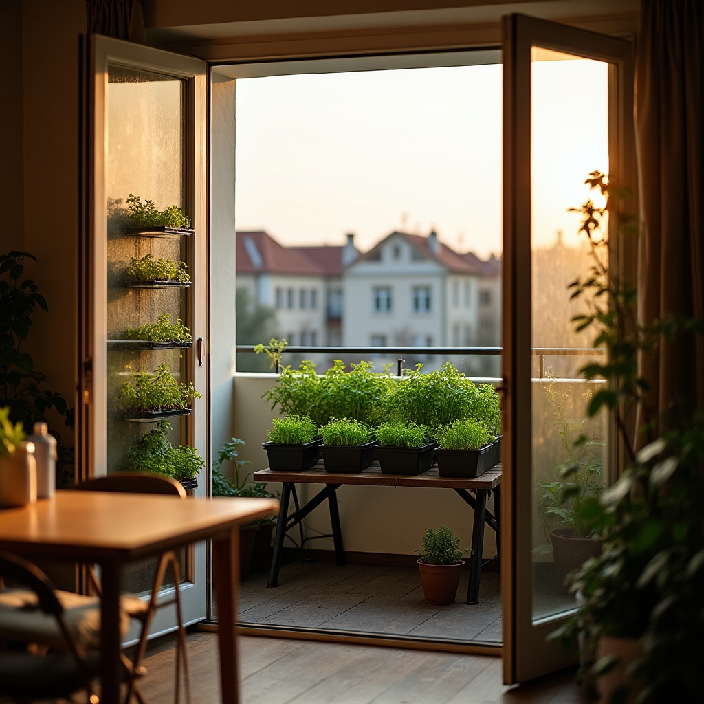 Přehledný pohled na pěstitelský balkón s různými nádobami a rostlinami